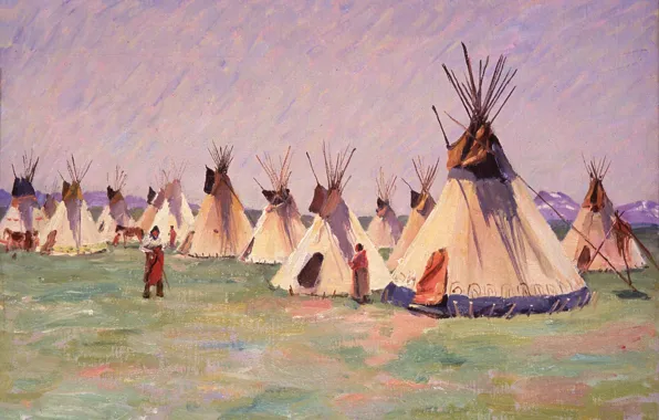Картинка Joseph Henry Sharp, много жилищ, Tepees on the Prairie