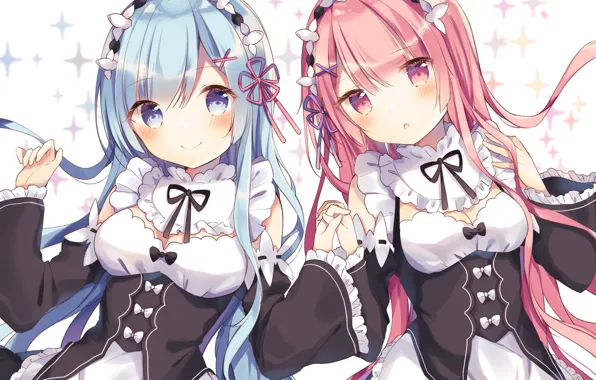 Девушки, аниме, арт, сёстры, Рем, Рам, re:zero kara hajimeru isekai seikatsu