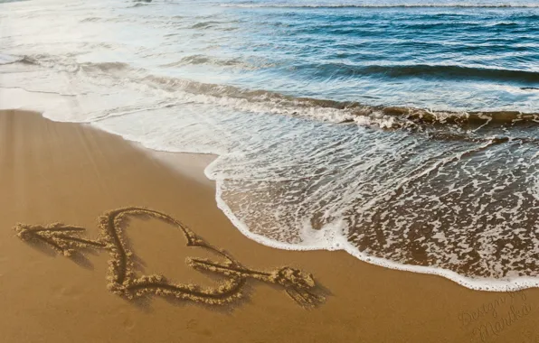 Картинка песок, пляж, любовь, романтика, сердце, рисунок, love, beach
