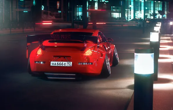 Красный, Авто, Ночь, Машина, Тюнинг, Nissan, Red, Nissan 350Z