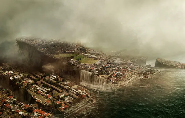 Небо, город, апокалипсис, здание, наводнение, разрушение, панорама, конец света