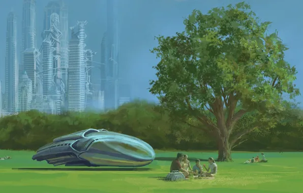Будущее, дерево, транспорт, корабль, семья, арт, пикник, мегаполис
