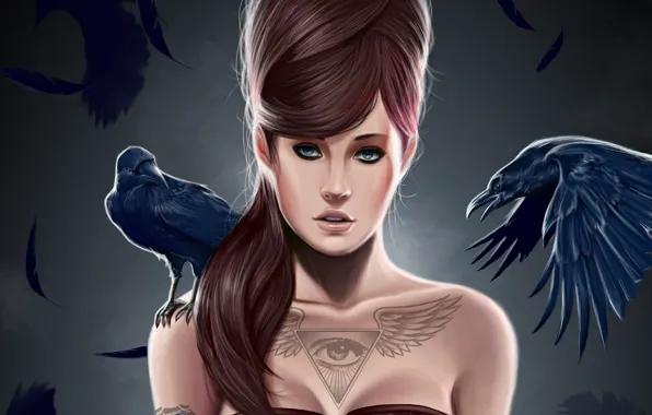 Картинка девушка, птицы, глаз, крылья, перья, тату, арт, прическа
