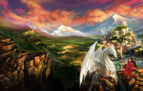 Картинка девушка, пейзаж, горы, город, замок, скалы, дракон, эльф