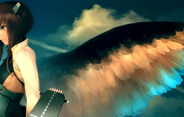 Картинка небо, девушка, облака, крылья, аниме, арт, kantai collection, wa-ka-me