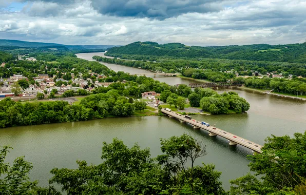 Картинка река, панорама, мосты, Пенсильвания, Pennsylvania, Northumberland, Нортумберленд, река Саскуэханна