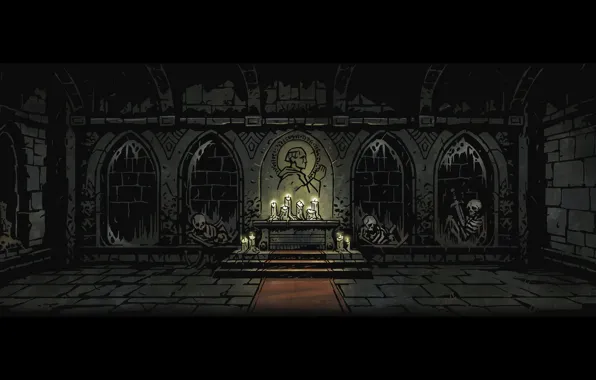 Death, ruins, candles, swords, altar, Darkest dungeon
