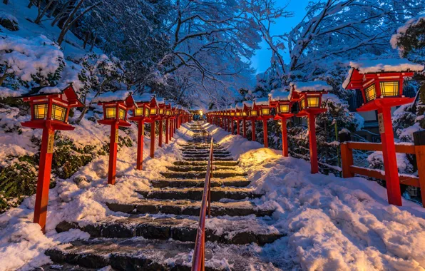 Япония, фонари, лестница, Japan, Kyoto, Kifune shrine
