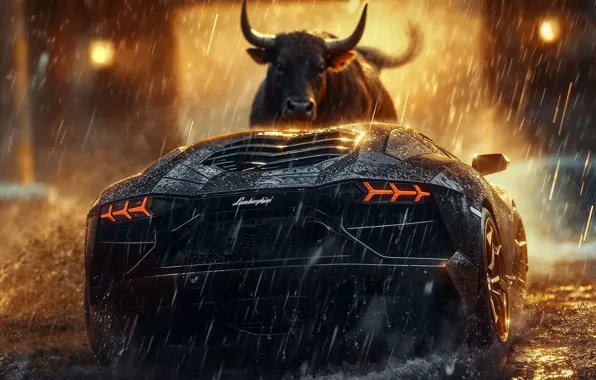 Картинка Черный, Lamborghini, Дождь, Бык, Арт, Bull, Сзади, Lamborghini Revuelto