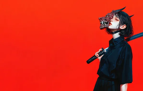Картинка AI Art, AI Generated, Anime, Girl, Anime Girl, Red Background, Mask, Katana
