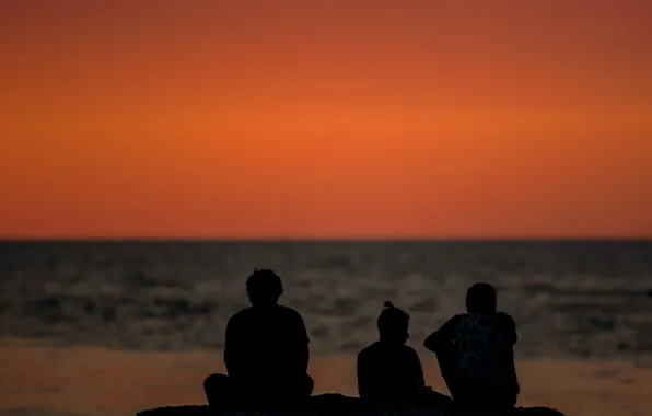 Sea, sunset, people, silhouettes
