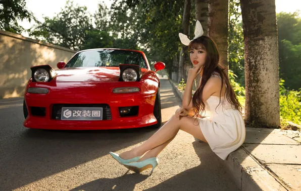 Взгляд, Девушки, азиатка, красивая девушка, красный авто, позирует над машиной, Mazda MX5