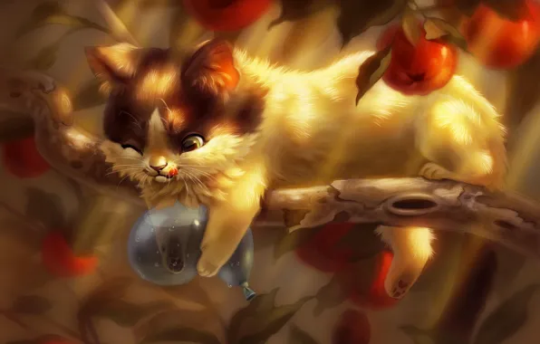Дерево, яблоки, ветка, шарик, котёнок, иллюстрация, digital art, Amelia Bothe