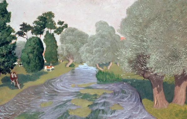 Картинка деревья, река, картина, Пейзаж. Арк-ла-Батай, Феликс Валлотон