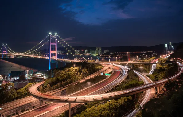 Мост, China, дороги, Гонконг, Китай, ночной город, Hong Kong, Tsing Ma Bridge