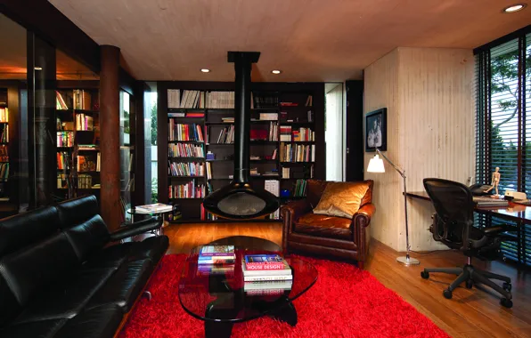 Картинка диван, мебель, книги, интерьер, кресло, камин, полки