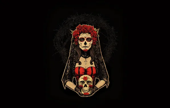 Девушка, Минимализм, Череп, Стиль, Фон, Calavera, Арт, Art