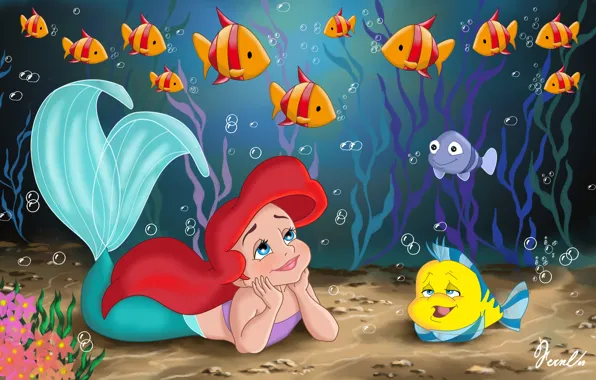 Картинка море, рыбки, водоросли, детство, мультфильм, русалка, сказка, прелесть