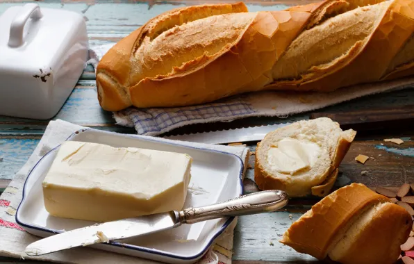 Масло, еда, завтрак, хлеб, нож, багет, батон