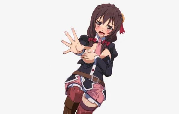 Girl, sexy, cleavage, shorts, blouse, thighhighs, long hair, brown hair