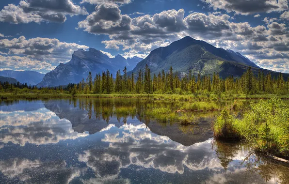 Картинка небо, облака, деревья, горы, озеро, отражение