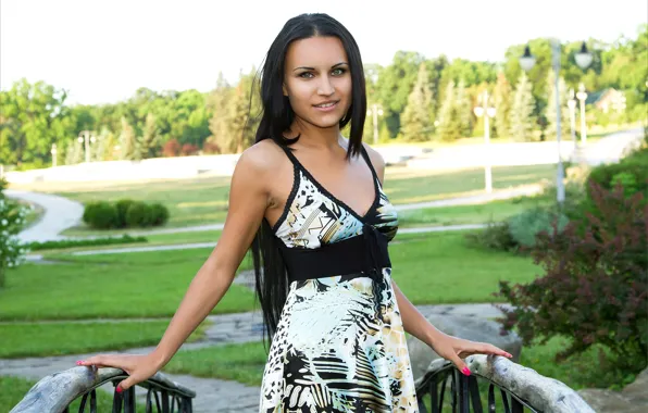 Sky, hot girl, nature, park, bushes, outside, green grass, countryside
