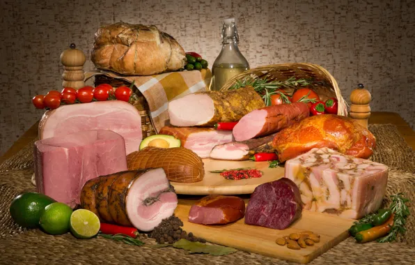 Мясо, лайм, орехи, овощи, специи, ассорти