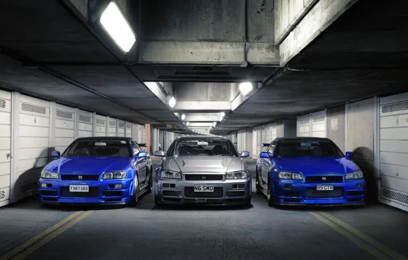 Картинка r34, blue, nissan, front, skyline, view, gtr, silver