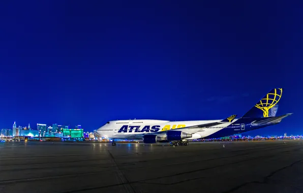 Картинка ночь, огни, Лас-Вегас, США, самолёт, Boeing 747, Маккаран, международный аэропорт