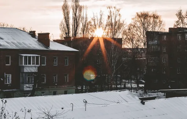Солнце, свет, оранжевый, город, рассвет, дома, утро, новый день
