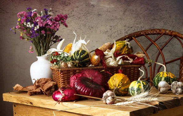 Цветы, лук, тыква, овощи, чеснок, астры