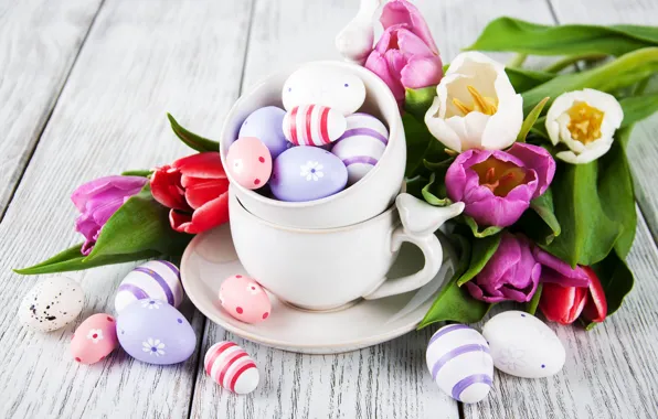 Цветы, яйца, colorful, Пасха, тюльпаны, happy, wood, pink