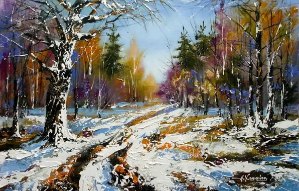 Картинка зима, дорога, осень, лес, снег, пейзаж, картина, весна