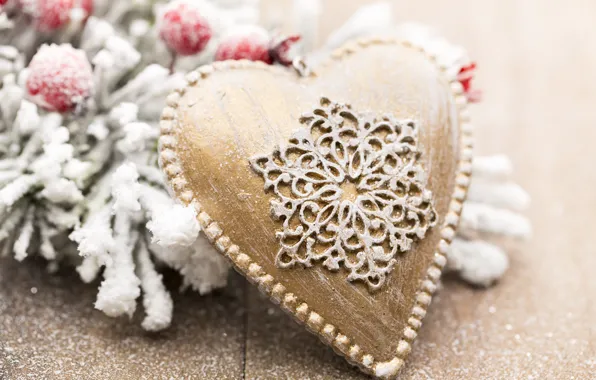 Зима, снег, украшения, сердце, Новый Год, Рождество, golden, new year