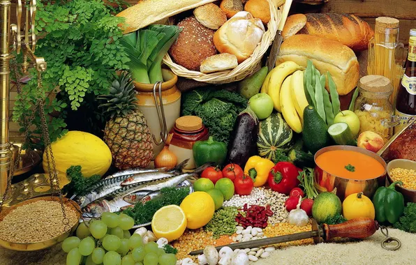 Картинка зелень, лимон, рыба, кукуруза, огурец, лук, хлеб, виноград