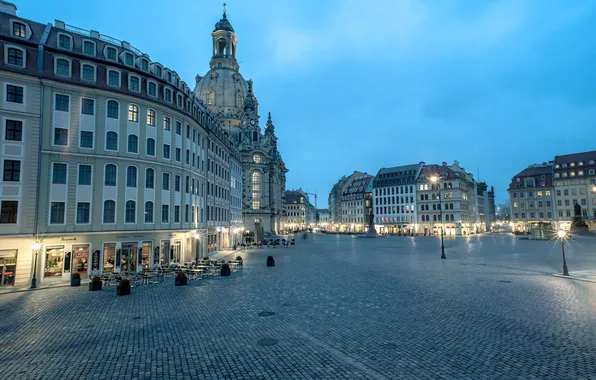 Картинка небо, огни, улица, дома, вечер, площадь, фонари, Dresden