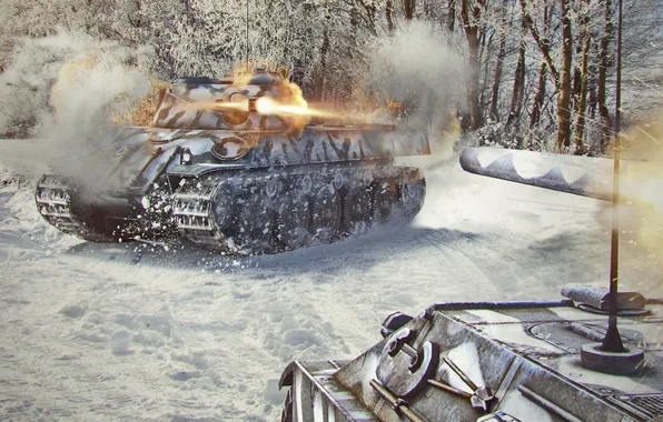 Картинка снег, выстрел, танк, танки, WoT, Мир танков, tank, World of Tanks