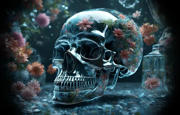 Цветы, череп, стеклянный череп