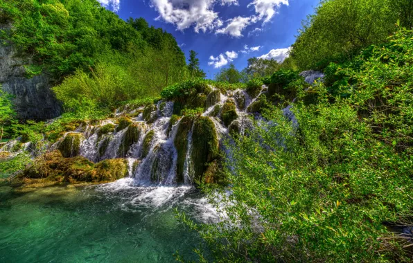 Зелень, лес, лето, небо, солнце, облака, деревья, водопад