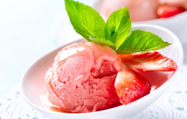 Картинка клубника, мороженое, миска, мята, сироп, cream, bowl, strawberry syrup