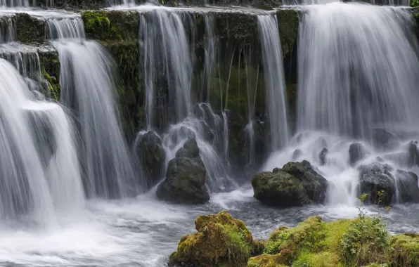 Камни, скалы, берег, водопад, мох, поток, водопады