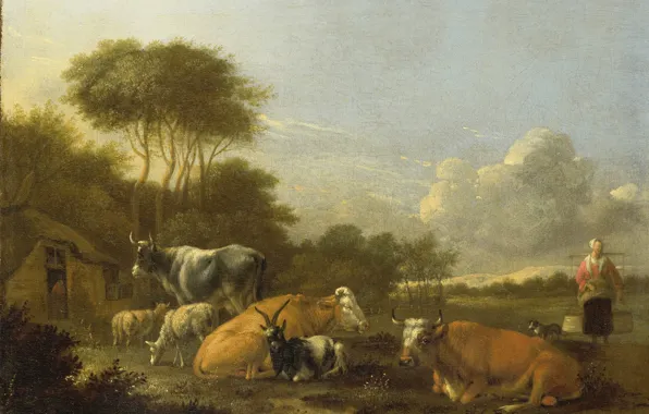 Масло, картина, холст, 1688, Albert Klomp, Альберт Кломп, Пейзаж с крупным рогатым скотом
