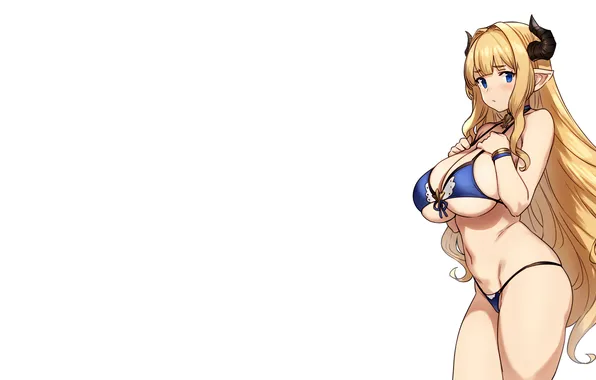 Girl, sexy, cleavage, horns, long hair, boobs, anime, blue eyes