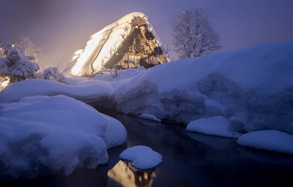 Картинка зима, снег, ночь, огни, дом, ручей, Япония, остров Хонсю