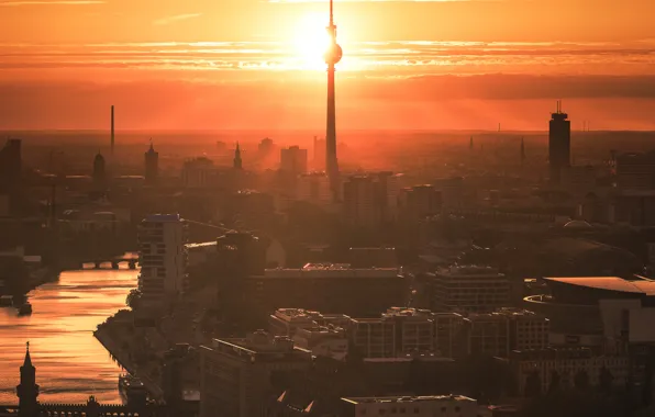 Tower, river, Germany, sunset, Berlin, cranes, Fernsehturm