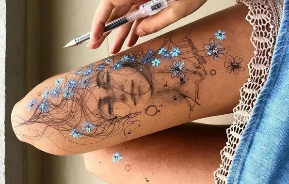 Девушка, рисунок, ручка, стройные ножки, джинсова юбка