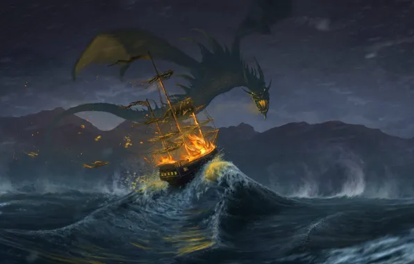 Картинка waves, fire, fantasy, storm, Dragon, rain, horns, sea