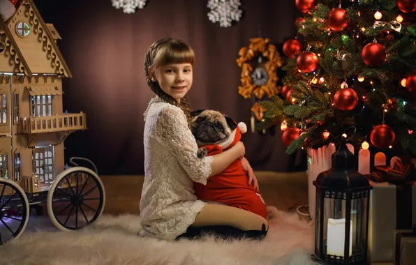 Картинка настроение, собака, Рождество, девочка, фонарь, мопс, Новый год, домик