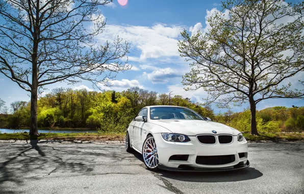 Картинка BMW, White, E92, Trees, M3, Front view