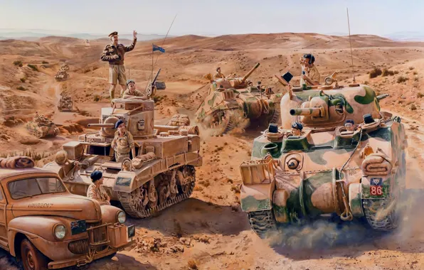 Картинка война, рисунок, солдаты, британцы, танки, m3 stuart, танкисты, M4 Sherman